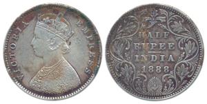 Victoria Empress, Silver, ½ Rupee, 1888, obv A, rev II; B Raised variety. Very Fine+, Scar