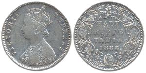 Victoria Empress, Silver, ½ Rupee, 1888, obv A, rev II; B Raised variety. About Very Fine,