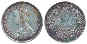 Victoria Empress, Silver, ½ Rupee, 1892, obv A, rev I; B Incused variety. Extremely Fine, 