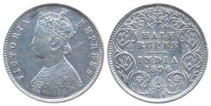 Victoria Empress, Silver, ½ Rupee, 1896, obv A, rev I; C Incused variety. About Extremely 