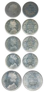 Victoria, Silver (5), ¼ Rupee, 1890, Uncirculated; 2 Annas, 1841,continuous legend, the cr