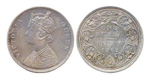 Victoria Queen, Silver, Rupee, 1862. Calcutta Mint, obv type B, rev type II. (Prid #54). R