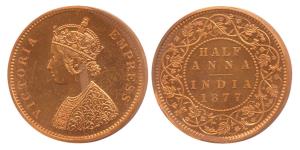 Victoria Queen, Copper, ½ Anna, Bombay Mint, 1877, obv B.Minor spotting, Restrike-Proof, U