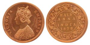 Victoria Queen, Copper, ½ Anna, Mule, Bombay Mint, 1878, obv B (Obv, Prid# 581 and Rev, Pr