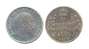 Edward VII, Silver, ¼ Rupee, 1910. (Prid #439). Proof, Scarce.