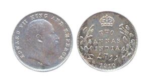 Edward VII, Silver, 2 Annas, 1910 (Prid #563). Proof, hairline scratches on obverse, Scarc