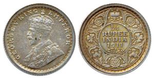 George V, Silver, ¼ Rupee, 1911, Calcutta Mint. About Uncirculated,Very Rare.