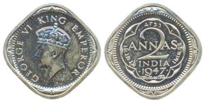 George VI, Cupro-Nickel, 2 Annas, 1947, Bombay Mint. Mule obv of 1939 (T1) and rev of 1947