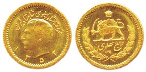 Iran, Muhammad Reza Pahalavi Shah, Gold, 2.0 g, ¼ Pahlavi, AH1353 (AD 1974). Uncirculated.