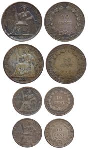 French Indo-China, Silver (4), 20 Cents, 1900, 1927; 10 Cents,1885 and 1893. About Extreme