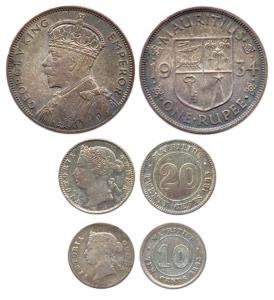 Mauritius, Silver (3), Rupee, 20 and 10 Cents. About Extremely Fine,Scarce. (3)