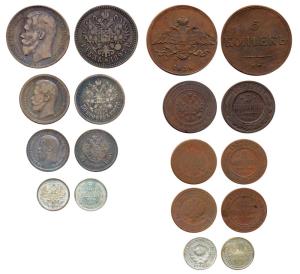 Russia, assorted lot of Copper (6) and Silver (3), numerous types and varieties. Fine+ to 