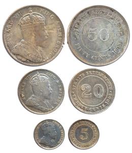 Straits Settlements, Silver (3), Edward VII, 50, 20 and 5 Cents.About Extremely Fine, Scar