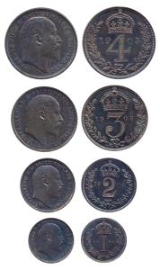 United Kingdom, Edward VII, Silver (4), Set of Maundy Money,1905, 4, 3, 2 and 1 Shilling, 