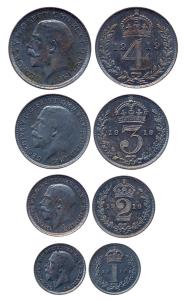 United Kingdom, George V, Silver (4), Set of Maundy Money, 1919, 4, 3, 2 and 1 Shilling, 1