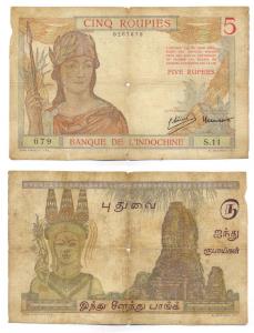 French India, Banque De L'Indochine, Rupees 5, Pondichery, (Jhun# 2.2). Good.