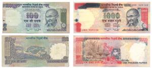 Rupees 1000 and 100, signed Bimal Jalan, Error. Ink smutched on obverse on the first and t