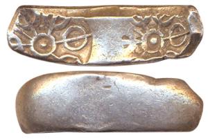 Punch Marked Coins, Gandhara Janapada, (c.600-400 BC), Bentbar coin, Silver Shatamana, six