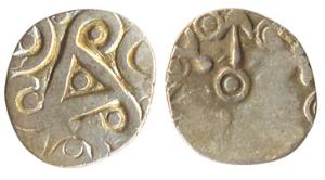 Punch Marked Coins, Kuru Janapada from Haryana Region, Silver half Karshapana, with a tria