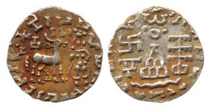 Kunindas, Amoghabhuti, (c. 200 BC), Silver Drachma, obv. deer standing to right, goddess h