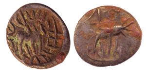 Yaudheyas, (c 200 BC), Copper Karshapana, Sacrificial bull tide up to the sacrificial post