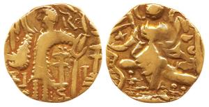 Kidarite, Anonymous, (early 5th century AD) Gold Dinar, king standing left with Kidara bel