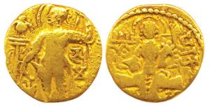 Gupta Empire, Samudragupta, (c. AD 335-380) Gold Dinar, Standard type, king nimbate, stand