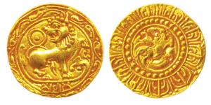 Kadambas of Hangal, Toyimadeva, (1048-1075) Gold Pagoda, obv. lion advancing to right, hea
