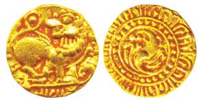 Kadambas of Hangal, Toyimadeva, (1048-1075) Gold Pagoda, obv. lion advancing to right, hea