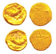 Cholas, Gold Fanam, Uniface obv. curly lion, uncertain attribution Unpublished . Rare. (2)