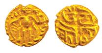 Imperial Cholas, Rajaraja I, (AD 985-1014), Gold Fanam, obv. king standing looking right, 