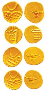 Vira Raya, Coorg, Gold Fanams (4), obv. stylized lion standing right crescent above, rev. 
