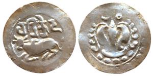 Harikela, Chandra rulers, (c. 630-750), Silver Unit, humped bull seated left with legend a