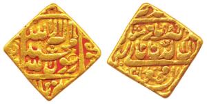 Akbar, Jalal ud-din, (AH 963-1014, AD 1556-1605) Gold Token, stylization is that of a Mohu