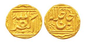 Akbar, Gold ¼ Heavy Mohur, named Man (mind), (3 g) obv. Allahu Akbar, rev. Jale Jallaluhu 