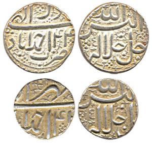 Akbar, Silver Rupee and ½ Rupee, Ahmedabad Mint, Ilahi 44, months Azar and Mihr respective