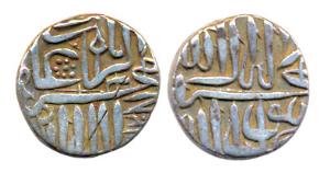 Akbar, Silver Mahmudi, Mulher Mint, AH 1028, early style, Error date AH 12081. Such coins 