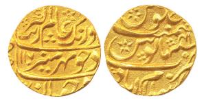 Aurangzeb, Gold Mohur, Islamabad Mint, AH 1107, RY 41. Mule - obverse die of AH 1107 paire