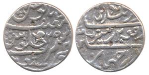 Aurangzeb, Silver Rupee, unreadable mint but similar to Munbai, RY 25. Crude calligraphy p