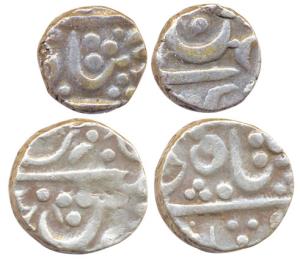 Silver Rupee and ½ Rupee, Panhalla Mint, (M&W T2 for Rupee), the other unlisted in M&W. Ab