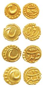 Tipu Sultan, Gold Fanams (4), Kalikut, Nagar, Farrukhi and Patan Mints, (KM 78, 58, 108, a