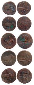 Tipu Sultan, Copper Paisa (5), Patan Mint, different varieties. Very Fine to Extremely Fin