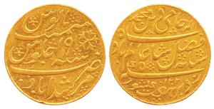Gold Mohur, (12.36 g) in the name of Shah Alam II, Murshidabad Mint, frozen RY 19, struck 