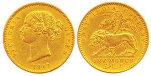 Queen Victoria, Gold Mohur, 1841, divided legend, WW incuse on truncation, (KM 462.1). Ver