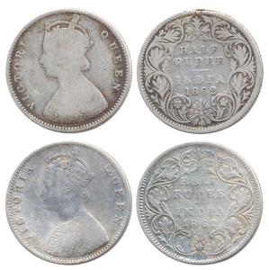 Queen Victoria, ½ Rupee (2), 1862, two different reverses - I and II, (KM 472). Fine. (2)
