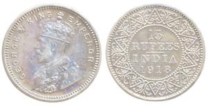 George V, 15 Rupees, Silver Off Metal Strike (OMS) of the Gold coin, (KM 525). Mint State.