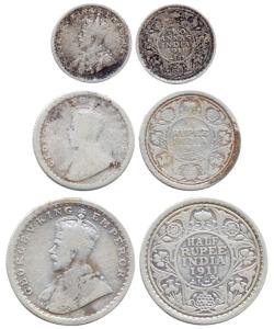 George V, ½ Rupee, ¼ Rupee and 2 Annas, all dated 1911, (KM 521, 517, 514). Fine, Very Rar