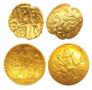 Gold Rama Tanka, Scyphate, obv. Rama, Sita and Lakshmana, rev. Hanuman. Together with a sc