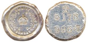 Silver ingot, Bombay Mint, 34 g, Stamped with crown and wreath and H. M. Mint Bombay, rev.