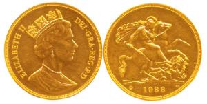 Great Britain, Elizabeth II, Gold 5 Pounds, 1988. Mint State, Proof.